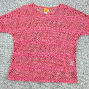 Ruby Road Petite Sm Coral Orange Open Weave Knit Mesh Crochet Sequin Sheer Top